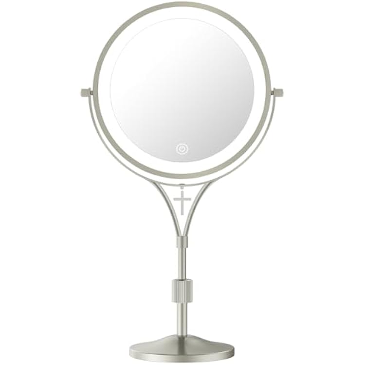 1x10x Magnifying Mirror with 3 Color Lights and Cross Charm, 7 Lighted Makeup Mirror with Magnification, Height Adjustable Vanity Mirror, Birthday Christian Gifts for Women, Brushed Nickel