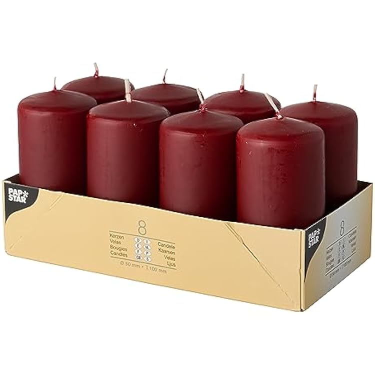 PAPSTAR 2x4 Unscented Pillar Candles Set of 8 | European Made Premium Quality 16h Burning Time | Dripless, Smokeless Candle, for Wedding, Party, and Spa Bulk Candles - Bordeaux