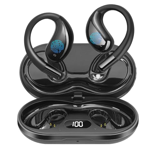 Open Ear Clip Wireless Earbuds Bone Conduction Headphones, Bluetooth 5.4,Open Ear Design,Built-in Mic, IPX5 Waterproof,LED Display Charging Case,Ear Hooks Ear Buds Design for Running Fitness ,Black