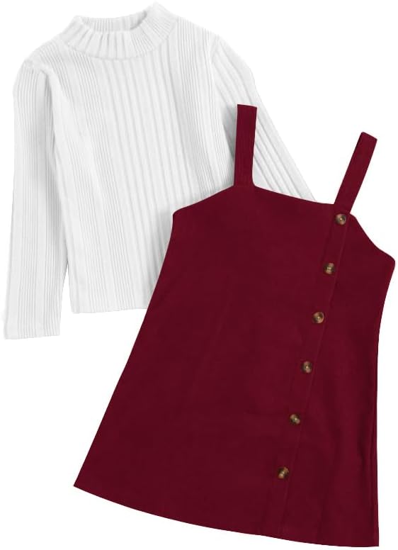 MakeMeChic Toddler Baby Girl Fall Winter Christmas Outfits Mock Neck Top and Corduroy Overall Dress Sets