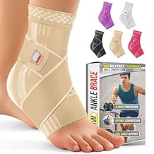 BLITZU Ankle Brace for Women, Men, Plantar Fasciitis Relief, Achilles Tendonitis Brace for Sprained Foot, Ankle Compression Sleeve with Strap Nude S