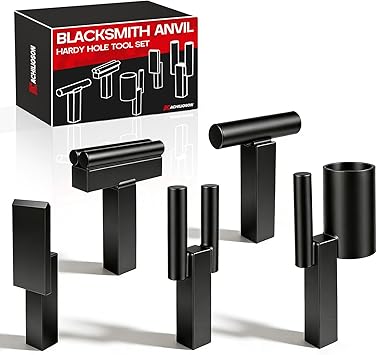 1 Inch Blacksmith Anvil Hardy Hole Tools Set, 5PCS Blacksmithing Forge Forging Tool for Metalworking, with Hot Cut, Bottom Fuller, Creasing Stake, Turning, Bending, Scrolling & Twisting Kit