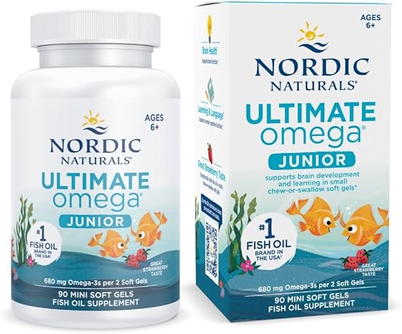 Nordic Naturals Ultimate Omega Jr., Strawberry - 90 Mini Soft Gels - 680 Total Omega-3s with EPA & DHA - Brain Health, Mood, Learning - Non-GMO - 45 Servings