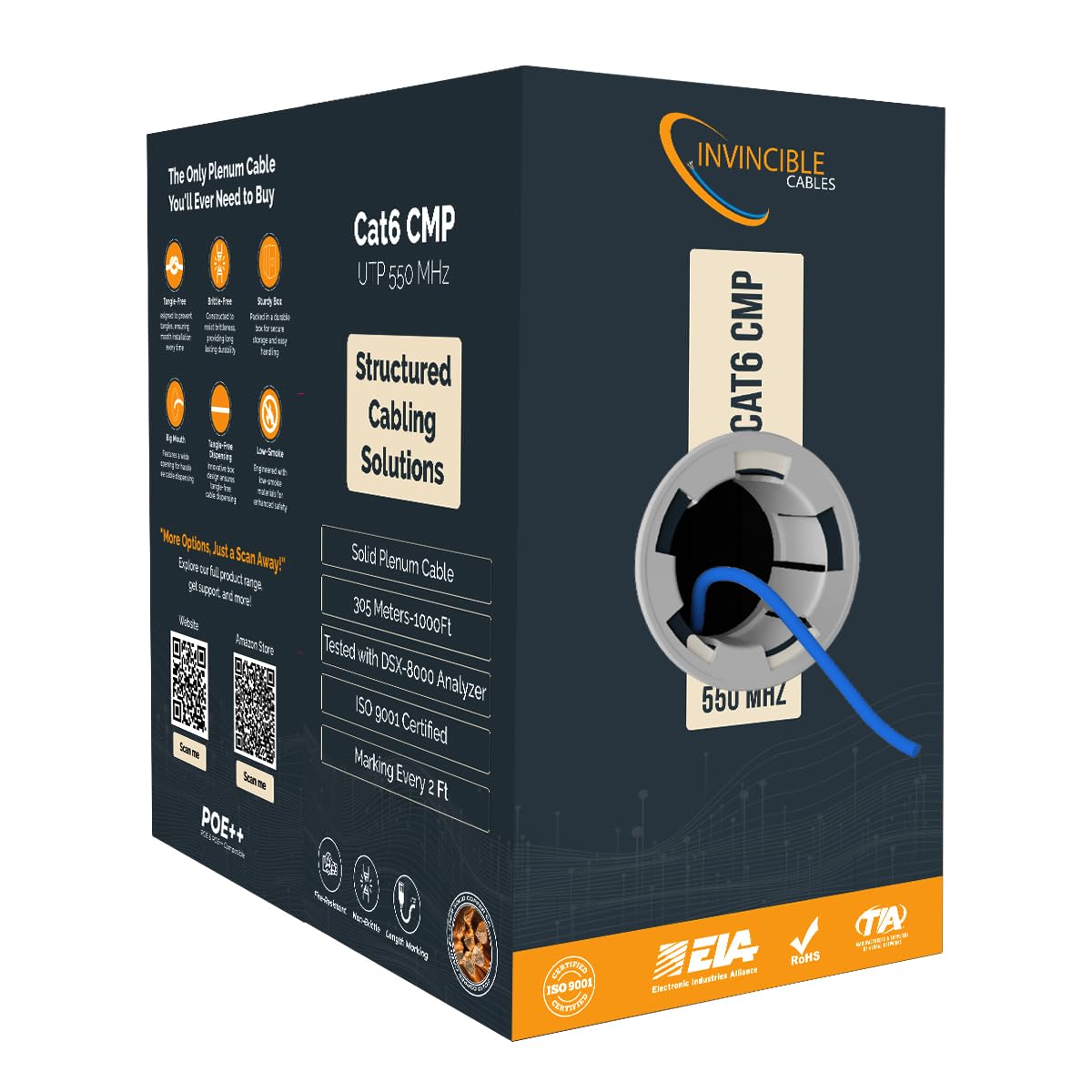 Cat6 Plenum Cable 1000ft | 0.57mm 100% Pure Copper, 550 MHz, 23AWG, UTP |DSX-8000 Analyzer Tested Up to 100m |10GB, PoE, PoE& PoE | Industry’s Most Accredited Cable Blue