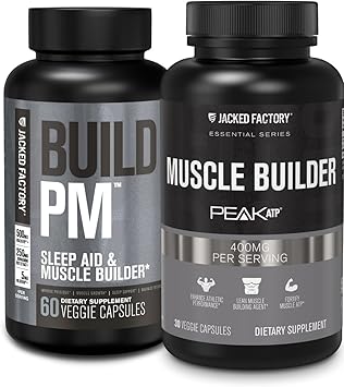 Jacked Factory Build PM Night Time Muscle Builder & Sleep Aid 60 Capsules & Essentials Muscle Builder - Daily Strength Builder for Men with Peak ATP 30 Capsules