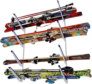 StoreYourBoard Ski & Snowboard Rack, Adjustable Wall Mount Rack Storage System for 4 Boards, Heavy-Duty Garage Wall Organizer for Ski & Snowboards Ski - White