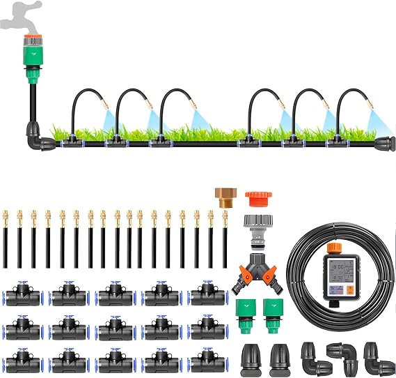 New Drip Irrigation System Kit,Automatic Garden Watering System,with 360-degree Bending Dropper Atomizing Copper Nozzle and Smart irrigation controller,For Garden, Greenhouse,20M/65.6FT+controller