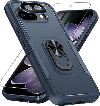 for Google Pixel 9a Case with Screen Protector+Camera Lens Protector,Heavy Duty Shockproof Full Body Protective Cover Built in Rotatable Metal Ring Holder Kickstand,2025 Navy Blue