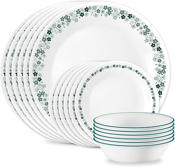 Corelle Vitrelle 18 Piece Glass Dinnerware Sets Service for 6, Triple Layer Chip & Crack Resistant Glass Plate and Bowl Sets, Spring Blossom Green