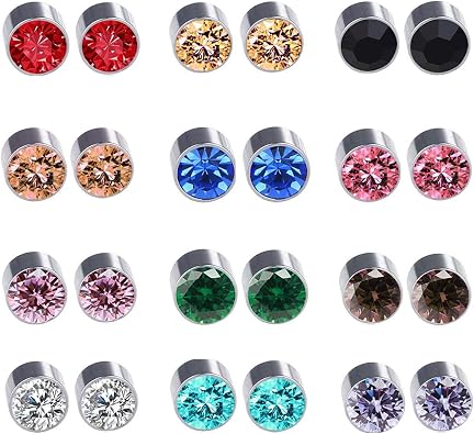 Spiritlele 12 Pairs Colors Round Rhinestone Magnetic Earrings Clip on Non Piercing Earrings Set for Women Girls 6MM