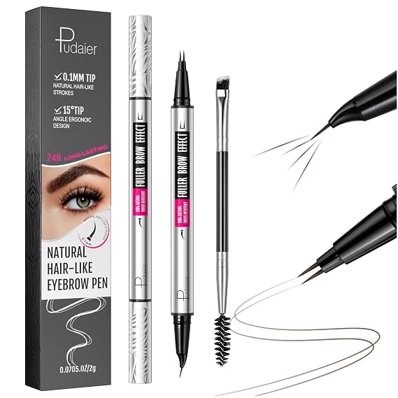 2-in-1 Dual Ended Microblading Eyebrow Pen & Eyebrow Brush, Waterproof 2-Fork-Tip & Precise Brush-Tip for Natural Hair-Like Brows, Perfect Eyebrows Make up,Last 24Hrs. (Deep brown)
