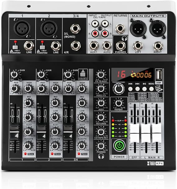 XTUGA KP4 4 Channel Audio Mixer, 16-Bit DSP Effect USB Audio Interface Effects +48V Phantom Bluetooth for Home Studio Recording,Live Streaming, Recording Equipment, KTV, Party, Church