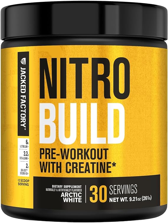 Jacked Factory Nitrosurge Build Pre Workout with Creatine for Muscle Building - Con Cret Creatine Powder & elevATP for Intense Energy, Powerful Pumps, Endless Endurance - 30 Servings, Arctic White