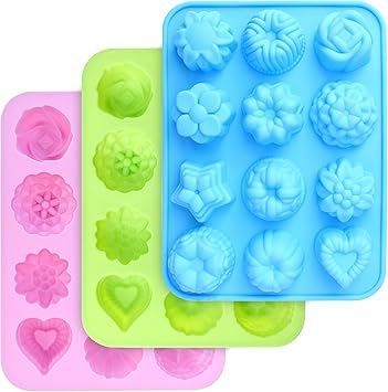 homEdge Food Grade Silicone Flowers Molds, Baking Pan with Flowers and Heart Shape Non-Stick 3-Pack Silicone Molds for Chocolate, Candy, Jelly, Ice Cube, Muffin Pink, Blue and Green