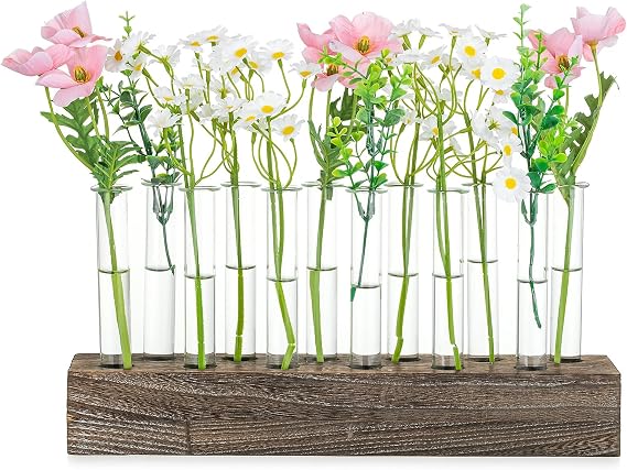 NUPTIO Vase Wedding Centerpiece for Table: 15" Long Rectangular Wooden Base and 12 Pcs Glass Test Tube Bud Vases for Flower Arrangement Dining Table Center Piece Home Decor Gifts for Plant Lovers