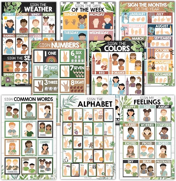 Hadley Designs Sign Language Posters For Classroom Decor - 8 ASL Posters For Classroom Must Haves, American Sign Language Chart For Kids, ASL Alphabet Poster For Toddlers Common Words, ABC Wall Chart